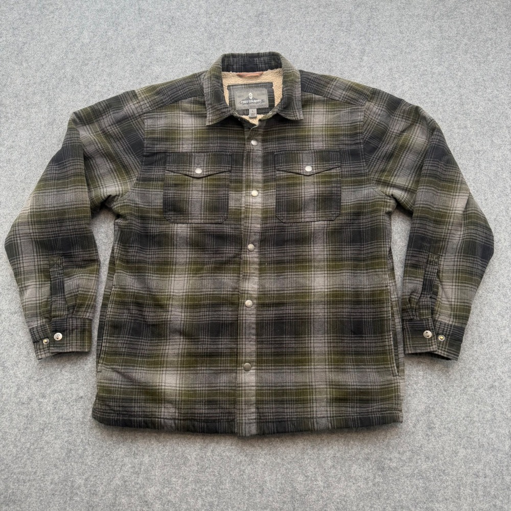 Free Country Mens Adirondack Flannel Sherpa Lined Plaid Shirt Jacket Green Large